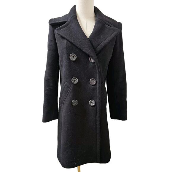 J. CREW Womens Double Breasted Black Wool Cashmere Coat Peacoat Long 4 Petite 4P - Picture 1 of 3